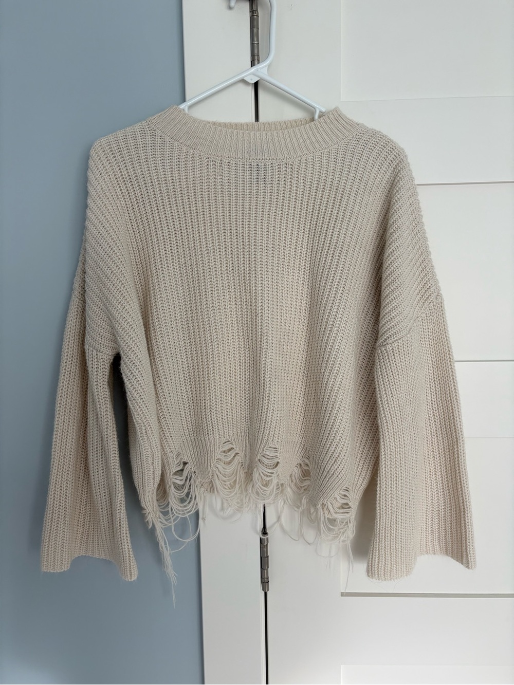 Daytrip Cream Distressed Cropped Crew Sweater